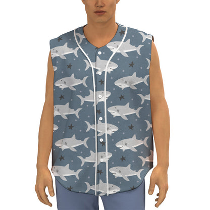 Cute White Shark Pattern Print Sleeveless Baseball Jersey