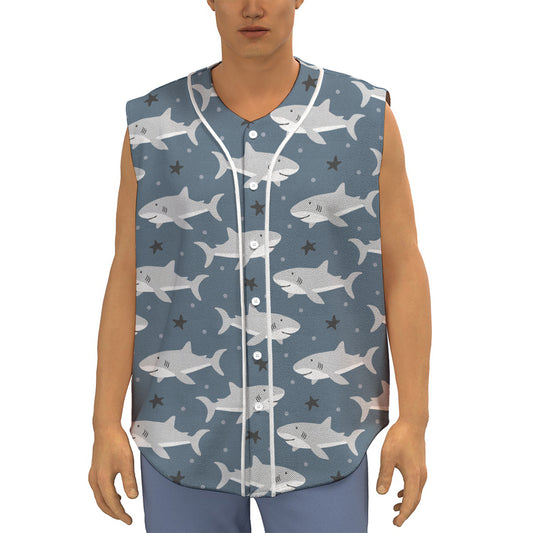 Cute White Shark Pattern Print Sleeveless Baseball Jersey