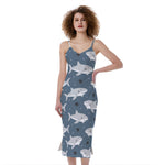 Cute White Shark Pattern Print Slim Fit Midi Cami Dress