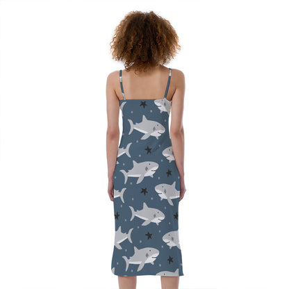 Cute White Shark Pattern Print Slim Fit Midi Cami Dress