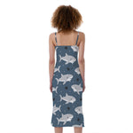 Cute White Shark Pattern Print Slim Fit Midi Cami Dress