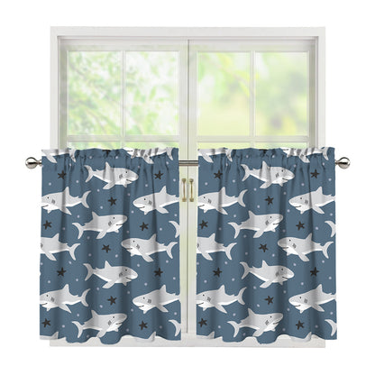 Cute White Shark Pattern Print Tier Curtains