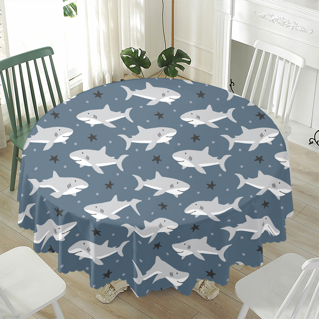 Cute White Shark Pattern Print Waterproof Round Tablecloth