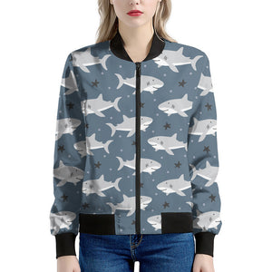 Cute White Shark Pattern Print Women's Bomber Jacket