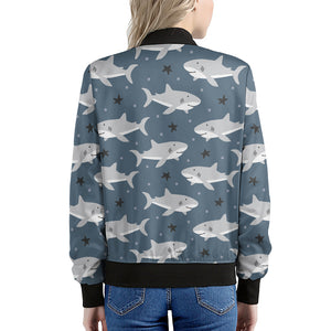 Cute White Shark Pattern Print Women's Bomber Jacket