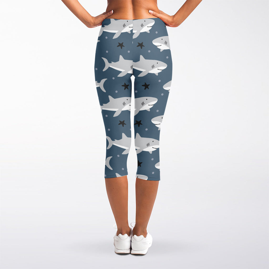 Cute White Shark Pattern Print Women's Capri Leggings