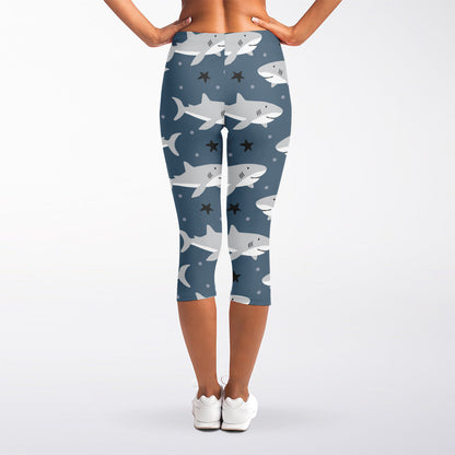 Cute White Shark Pattern Print Women's Capri Leggings