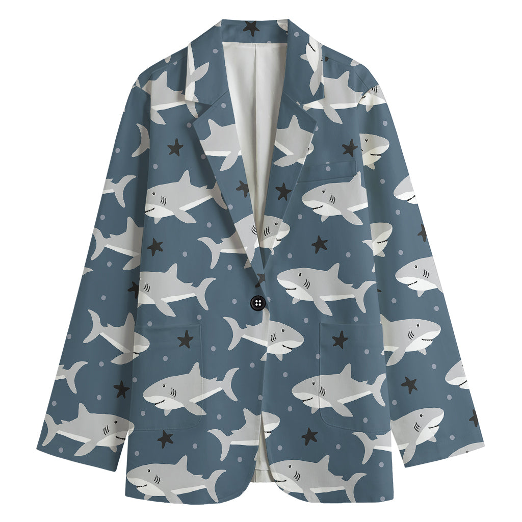 Cute White Shark Pattern Print Women's Cotton Blazer