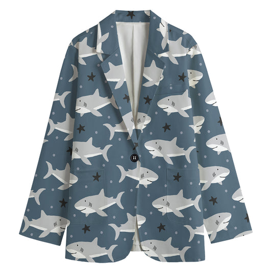 Cute White Shark Pattern Print Women's Cotton Blazer