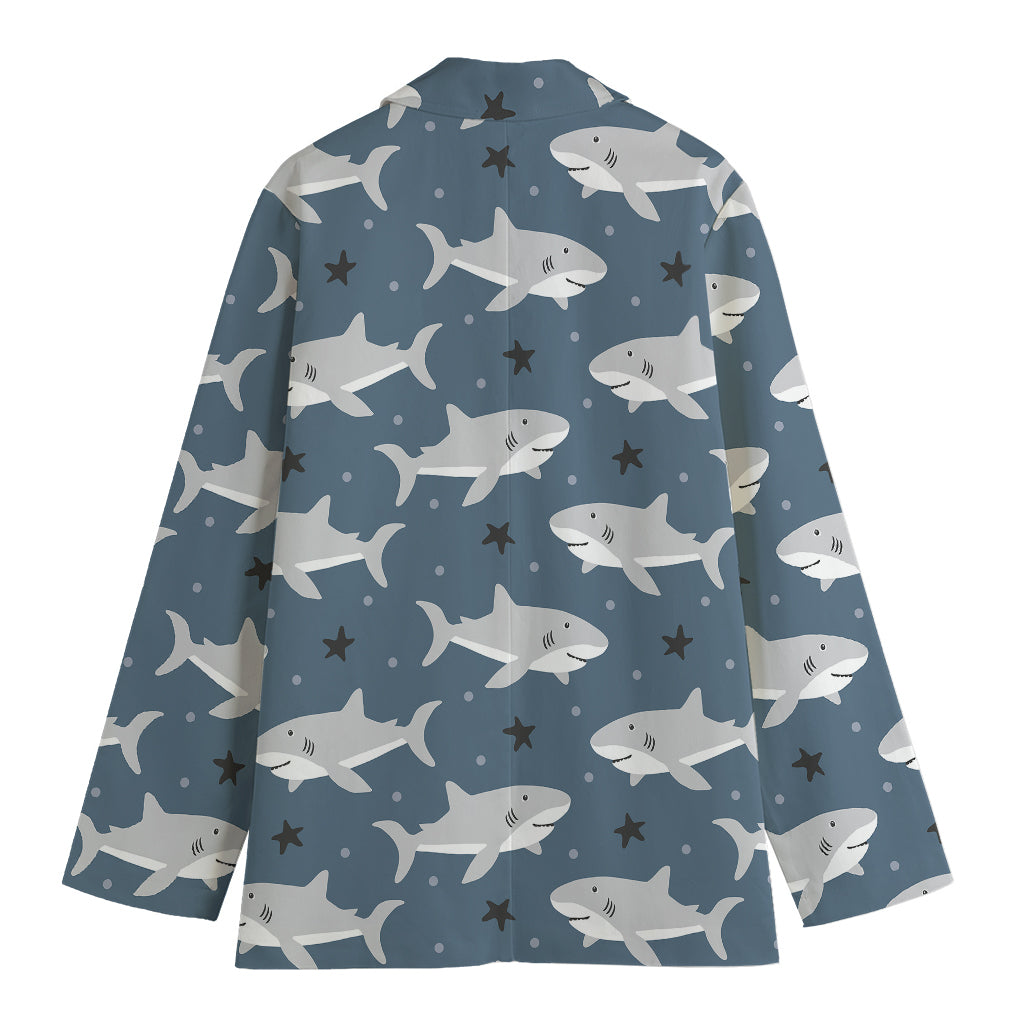 Cute White Shark Pattern Print Women's Cotton Blazer