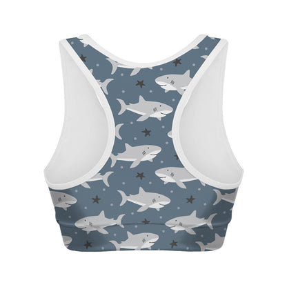 Cute White Shark Pattern Print Women's Sports Bra