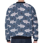 Cute White Shark Pattern Print Zip Sleeve Bomber Jacket