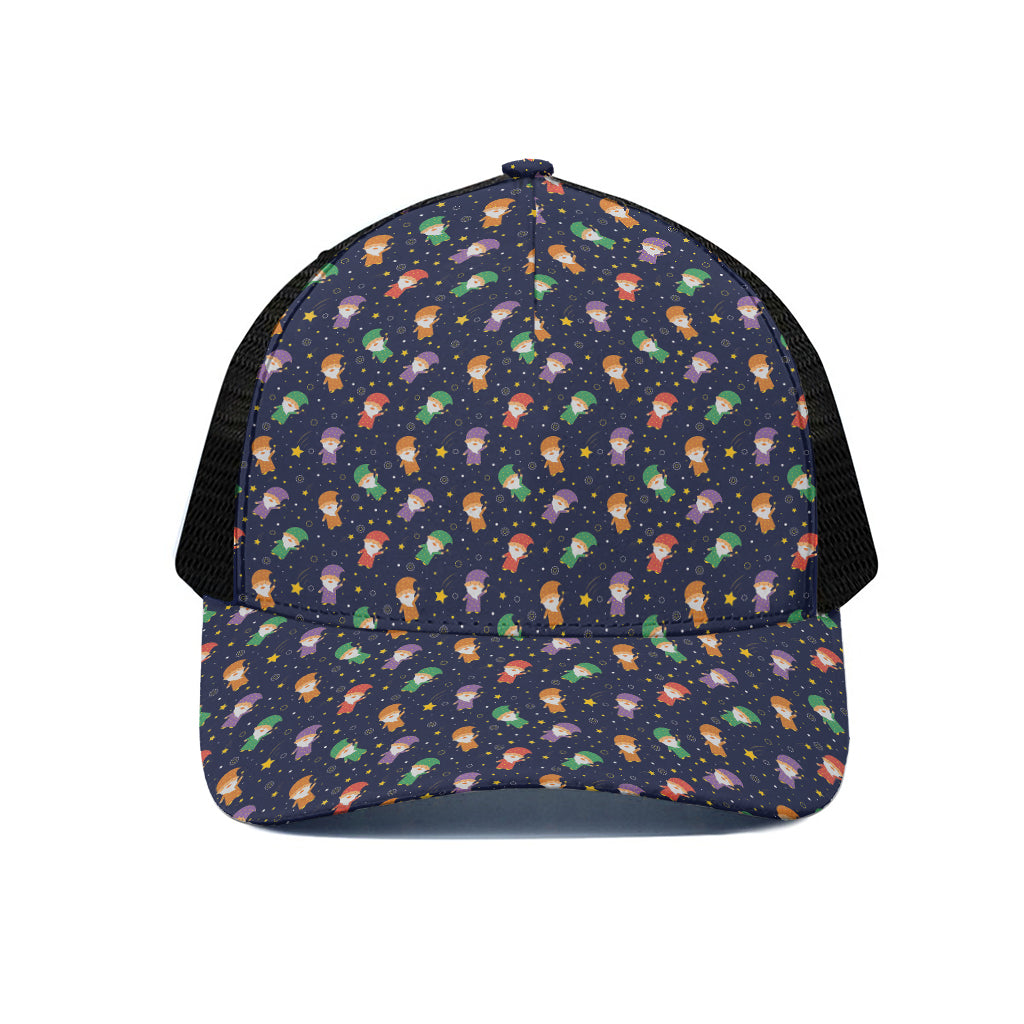 Cute Wizard Pattern Print Black Mesh Trucker Cap