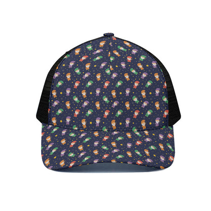 Cute Wizard Pattern Print Black Mesh Trucker Cap