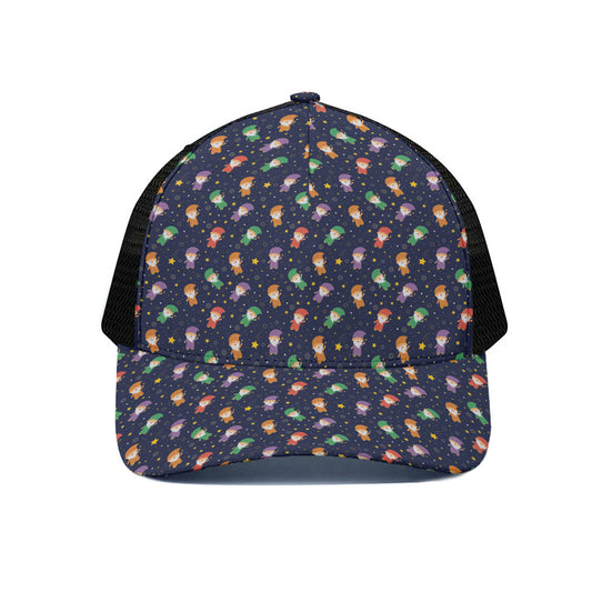 Cute Wizard Pattern Print Black Mesh Trucker Cap
