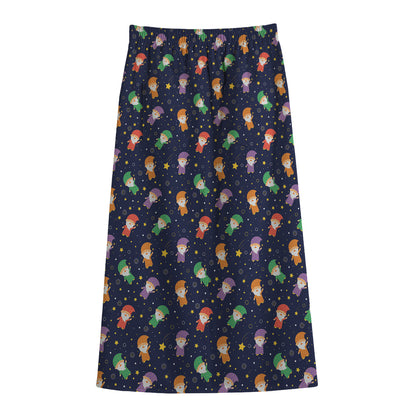 Cute Wizard Pattern Print Cotton Front Slit Maxi Skirt