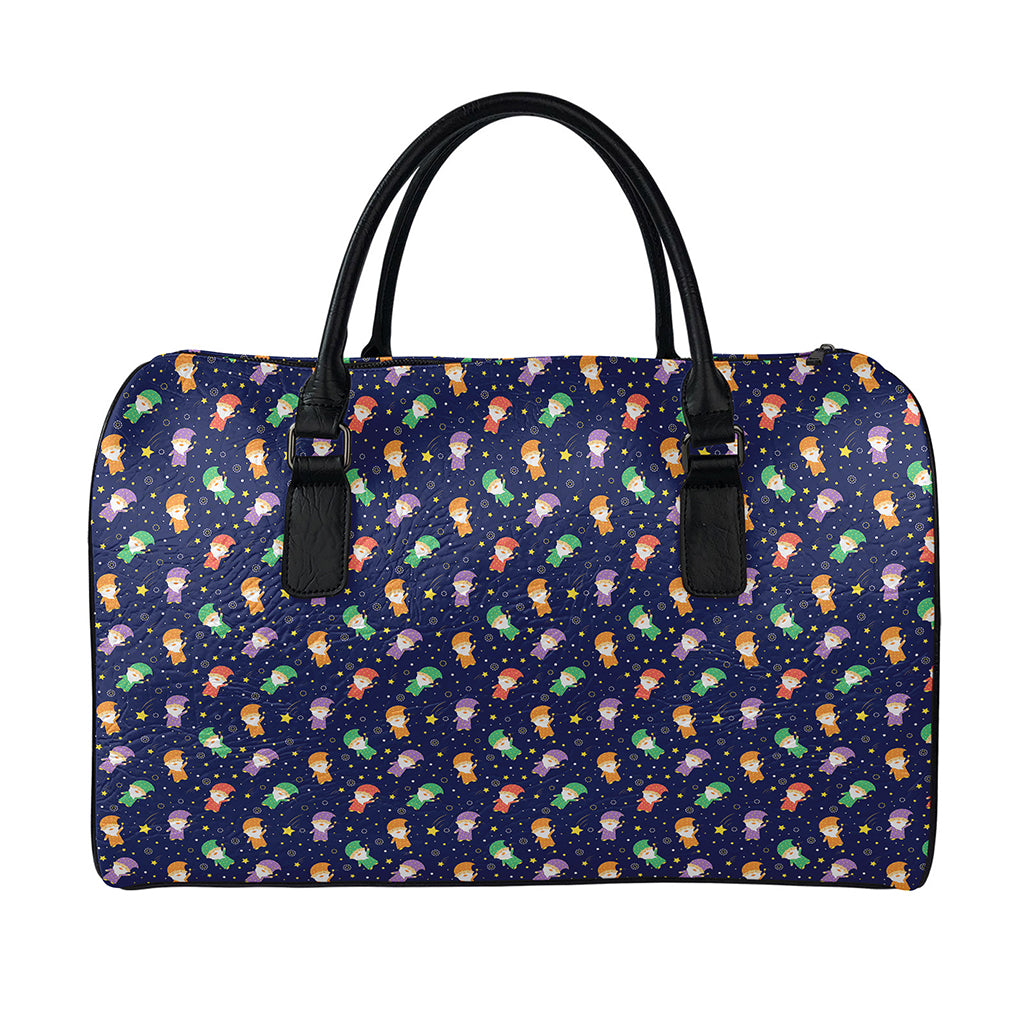 Cute Wizard Pattern Print Leather Duffle Bag