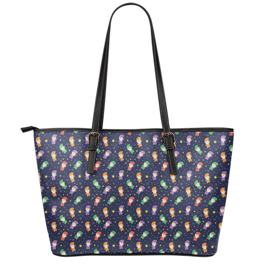 Cute Wizard Pattern Print Leather Tote Bag