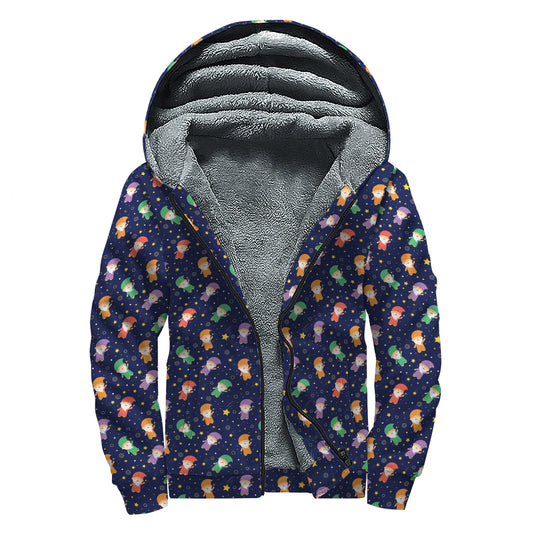 Cute Wizard Pattern Print Sherpa Lined Zip Up Hoodie