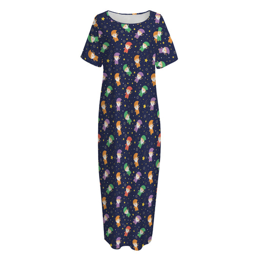 Cute Wizard Pattern Print Short Sleeve Long Nightdress