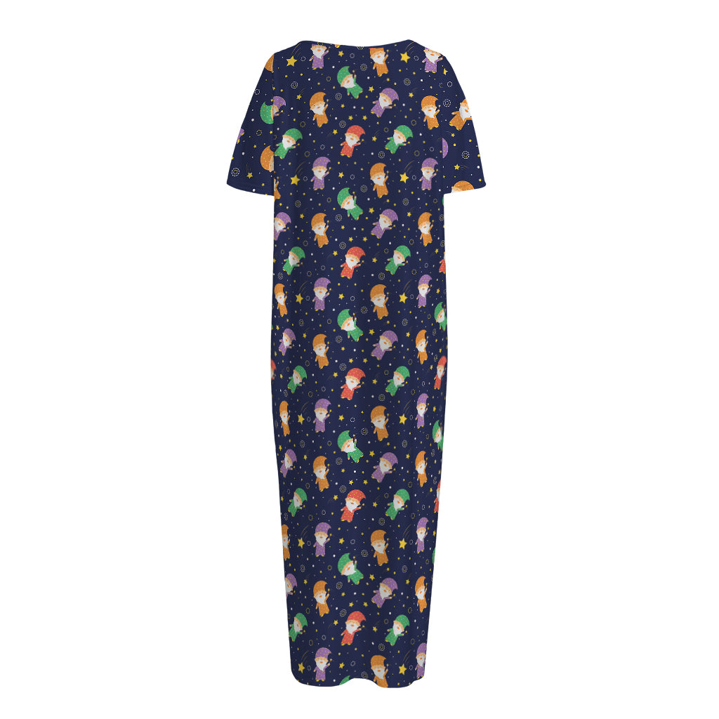 Cute Wizard Pattern Print Short Sleeve Long Nightdress