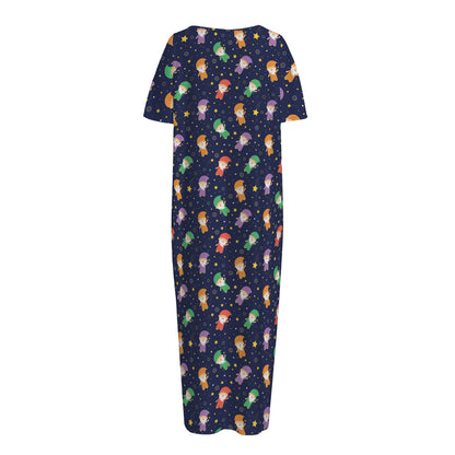 Cute Wizard Pattern Print Short Sleeve Long Nightdress