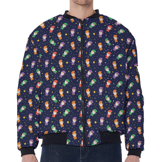 Cute Wizard Pattern Print Zip Sleeve Bomber Jacket