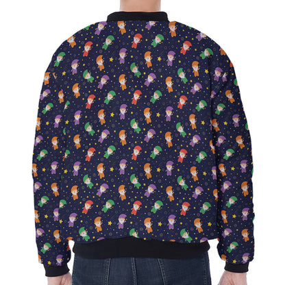 Cute Wizard Pattern Print Zip Sleeve Bomber Jacket