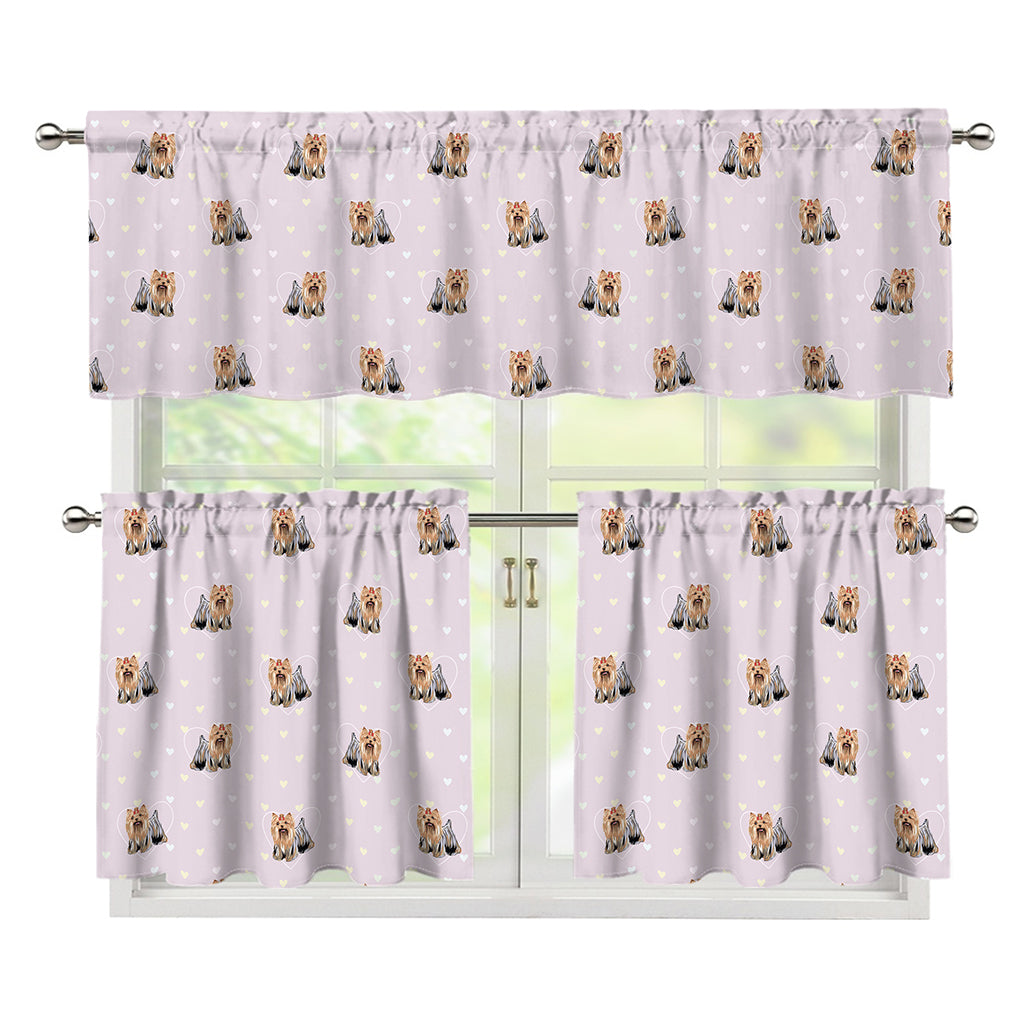 Cute Yorkshire Terrier Pattern Print 3 Piece Kitchen Curtains