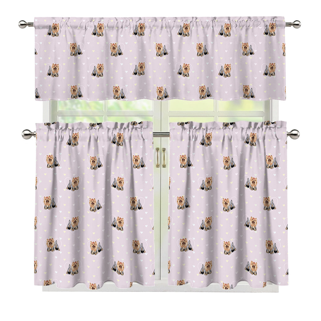Cute Yorkshire Terrier Pattern Print 3 Piece Kitchen Curtains