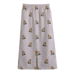 Cute Yorkshire Terrier Pattern Print Cotton Front Slit Maxi Skirt