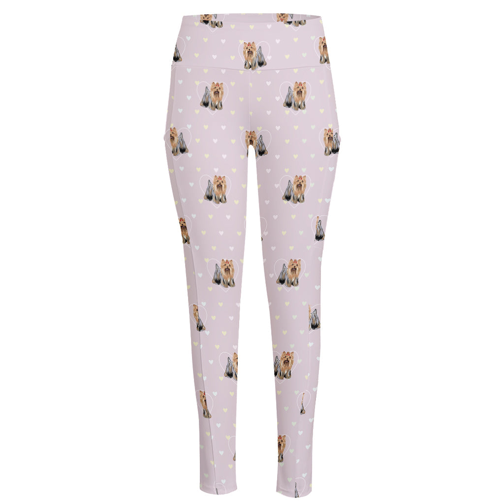 Cute Yorkshire Terrier Pattern Print High-Waisted Pocket Leggings
