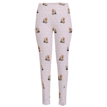 Cute Yorkshire Terrier Pattern Print High-Waisted Pocket Leggings