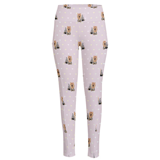 Cute Yorkshire Terrier Pattern Print High-Waisted Pocket Leggings
