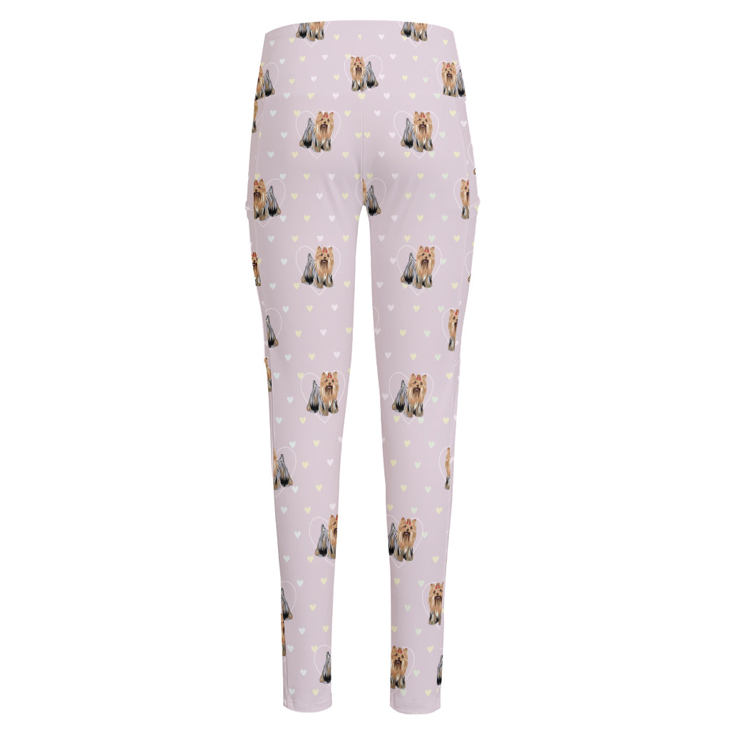 Cute Yorkshire Terrier Pattern Print High-Waisted Pocket Leggings