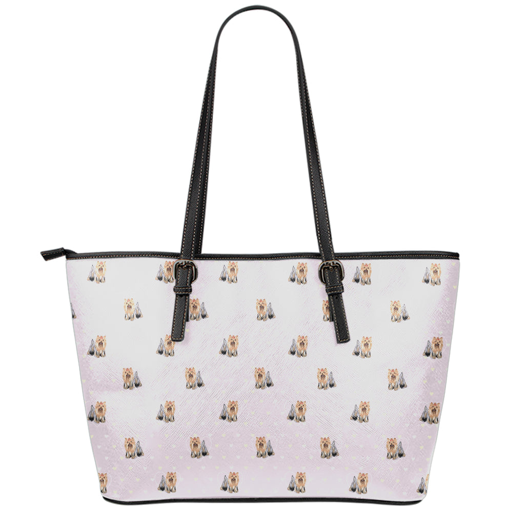 Cute Yorkshire Terrier Pattern Print Leather Tote Bag
