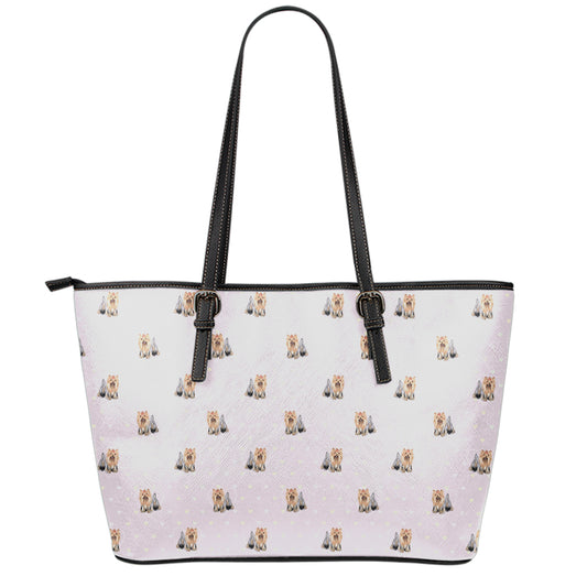 Cute Yorkshire Terrier Pattern Print Leather Tote Bag