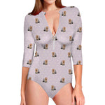 Cute Yorkshire Terrier Pattern Print Long Sleeve Swimsuit
