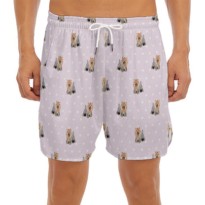 Cute Yorkshire Terrier Pattern Print Men's Split Running Shorts