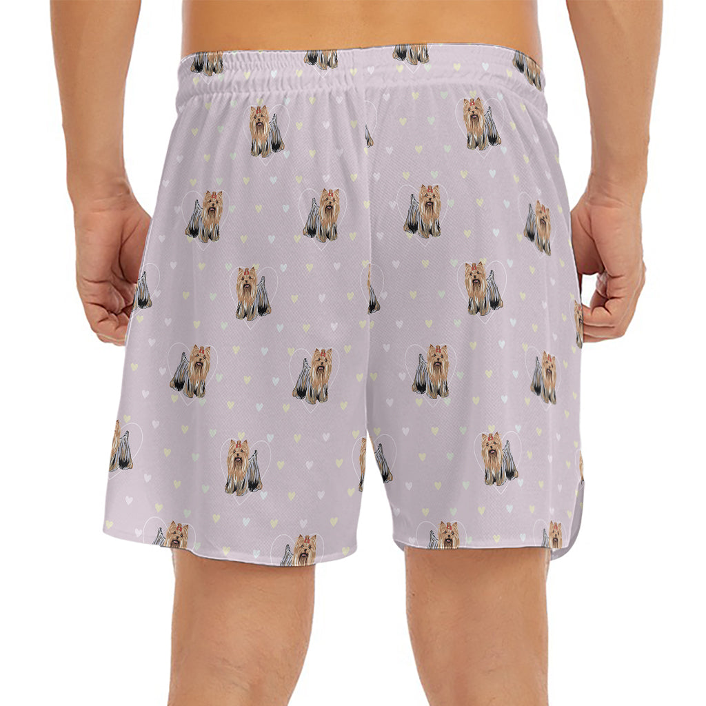 Cute Yorkshire Terrier Pattern Print Men's Split Running Shorts