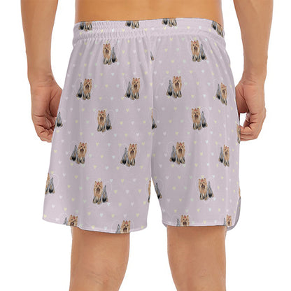 Cute Yorkshire Terrier Pattern Print Men's Split Running Shorts