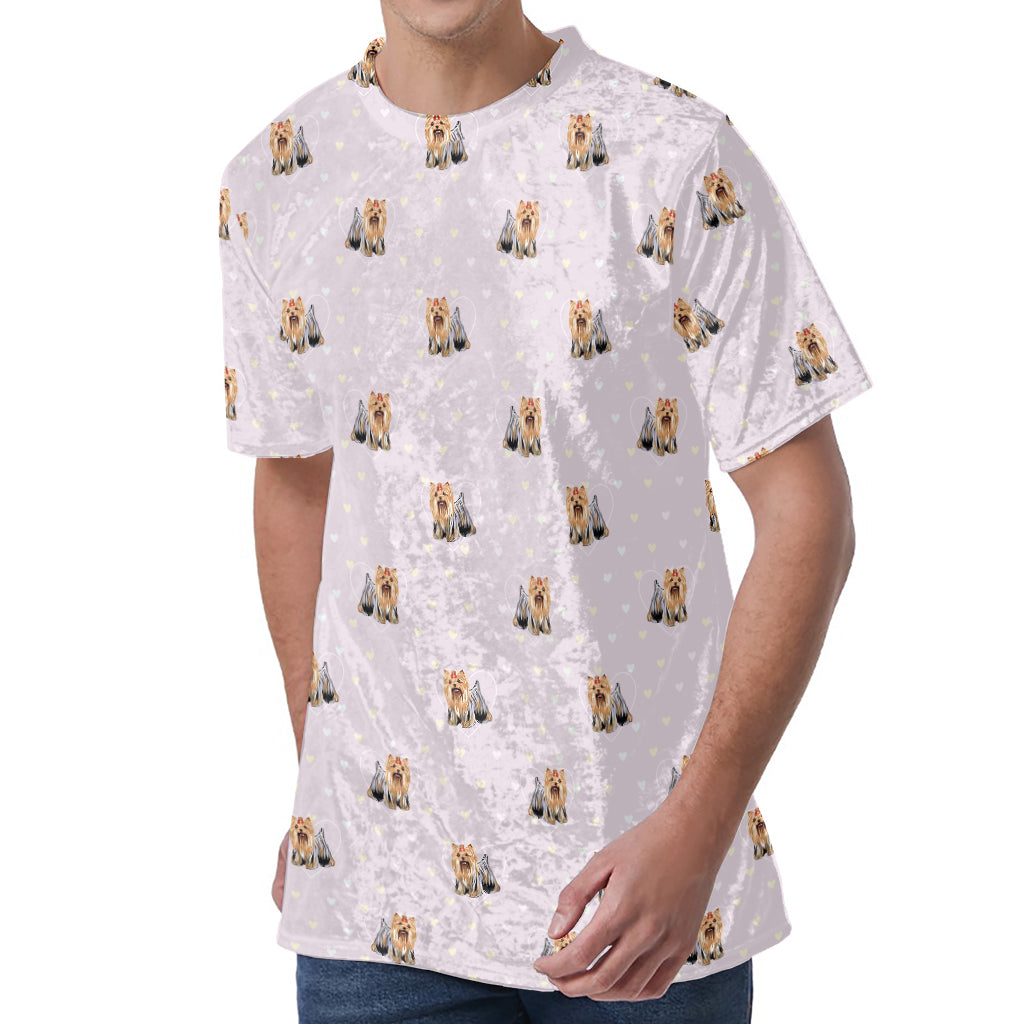 Cute Yorkshire Terrier Pattern Print Men's Velvet T-Shirt