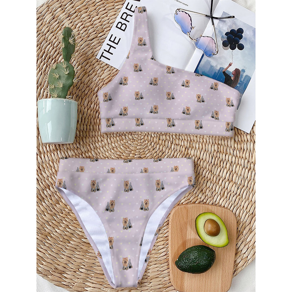 Cute Yorkshire Terrier Pattern Print One Shoulder Bikini Top