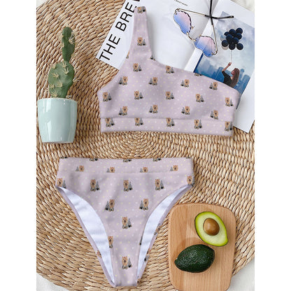 Cute Yorkshire Terrier Pattern Print One Shoulder Bikini Top
