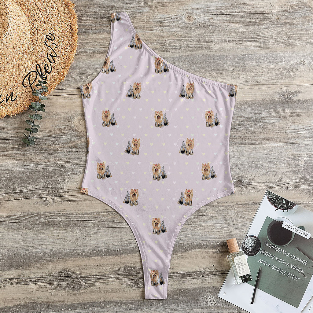 Cute Yorkshire Terrier Pattern Print One Shoulder Bodysuit