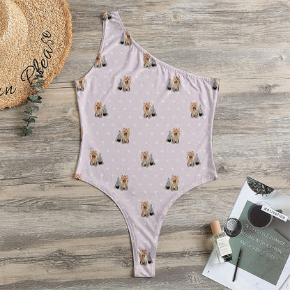 Cute Yorkshire Terrier Pattern Print One Shoulder Bodysuit