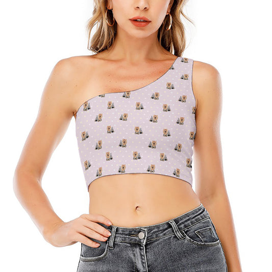 Cute Yorkshire Terrier Pattern Print One Shoulder Crop Top