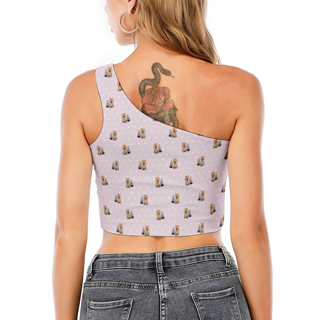 Cute Yorkshire Terrier Pattern Print One Shoulder Crop Top