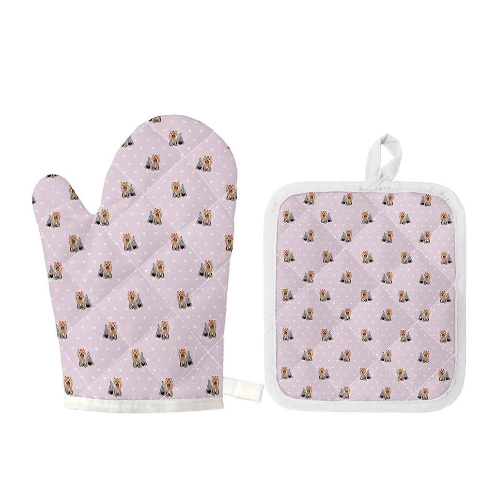 Cute Yorkshire Terrier Pattern Print Oven Mitt And Pot Holder Set