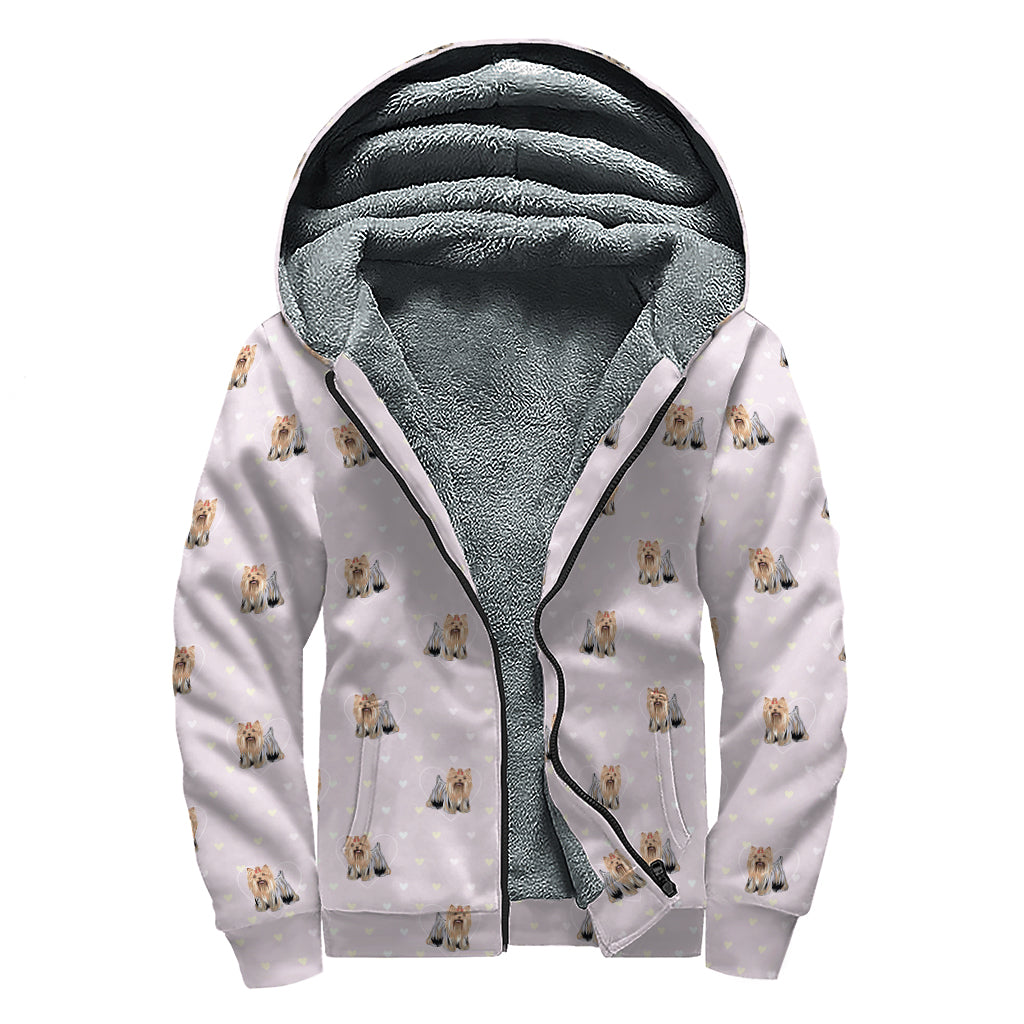 Cute Yorkshire Terrier Pattern Print Sherpa Lined Zip Up Hoodie